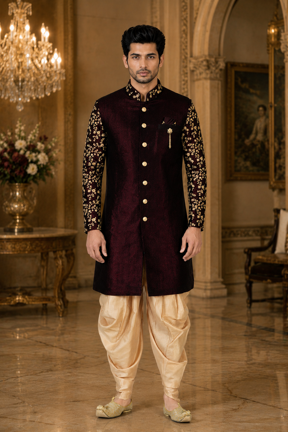 Men's Maroon Indo-Western