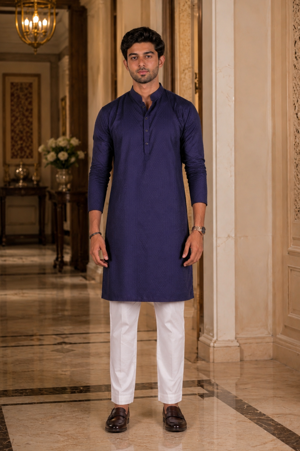 Men's Nevy Blue Cotton Kurta Set