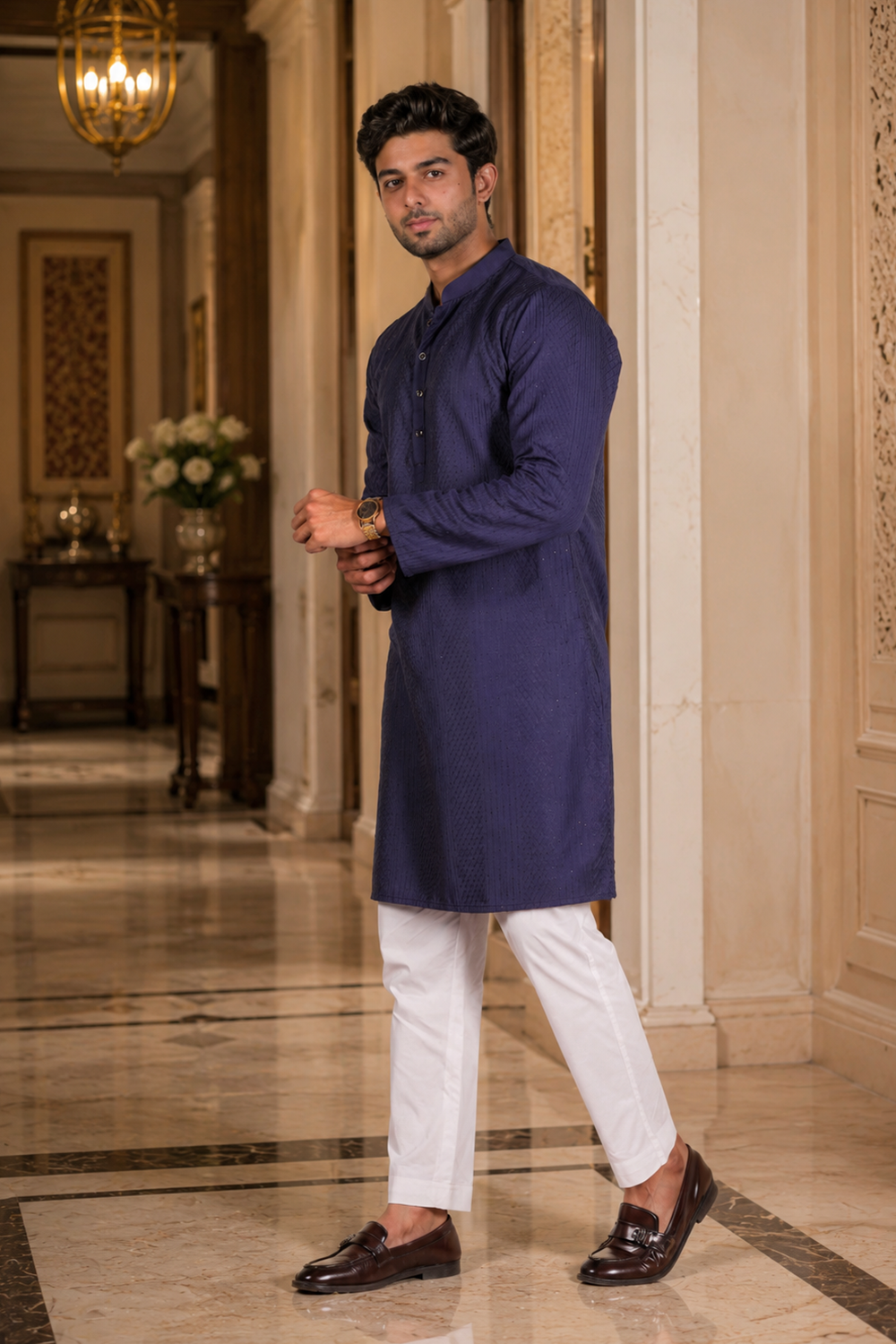 Men's Nevy Blue Cotton Kurta Set