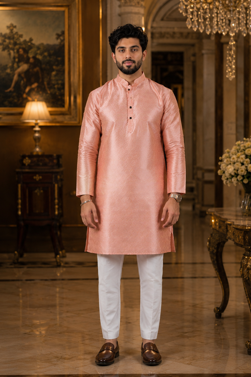 Men's Pink Art Silk Kurta Set