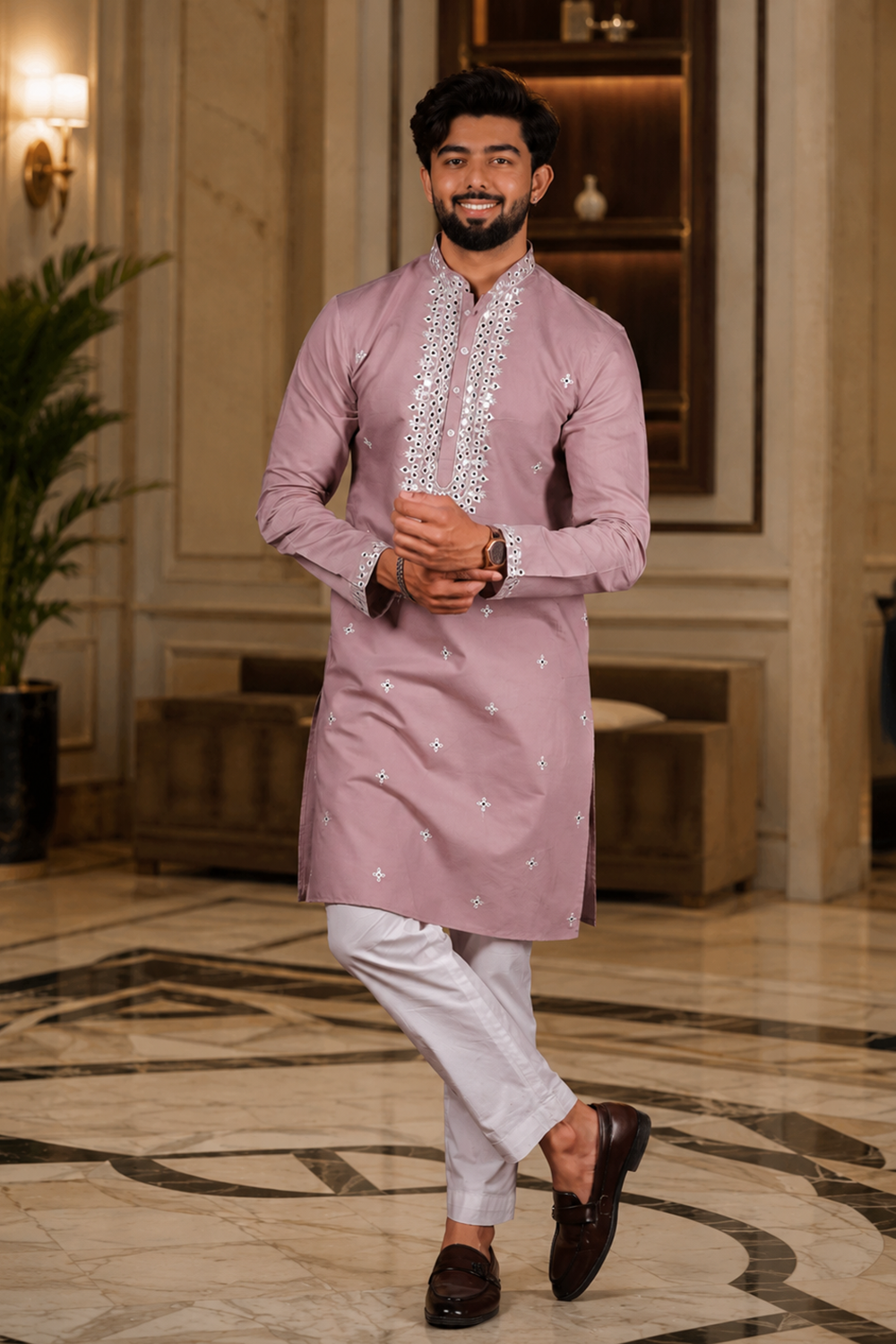 Men's Pink Cotton Kurta Set