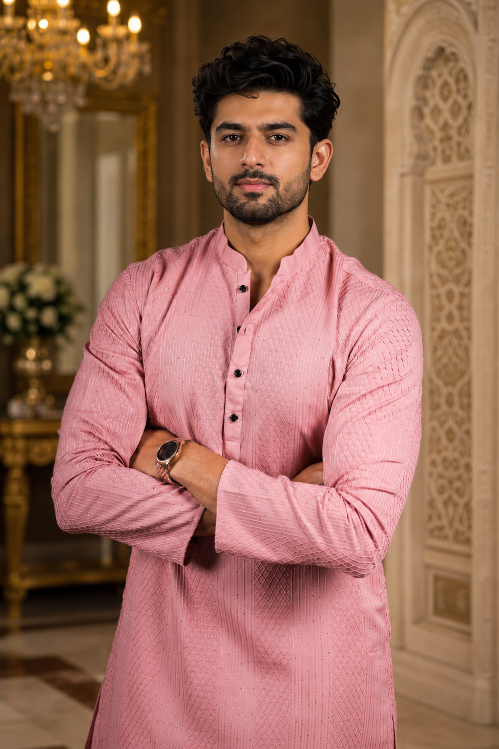Men's Pink Cotton Kurta Set