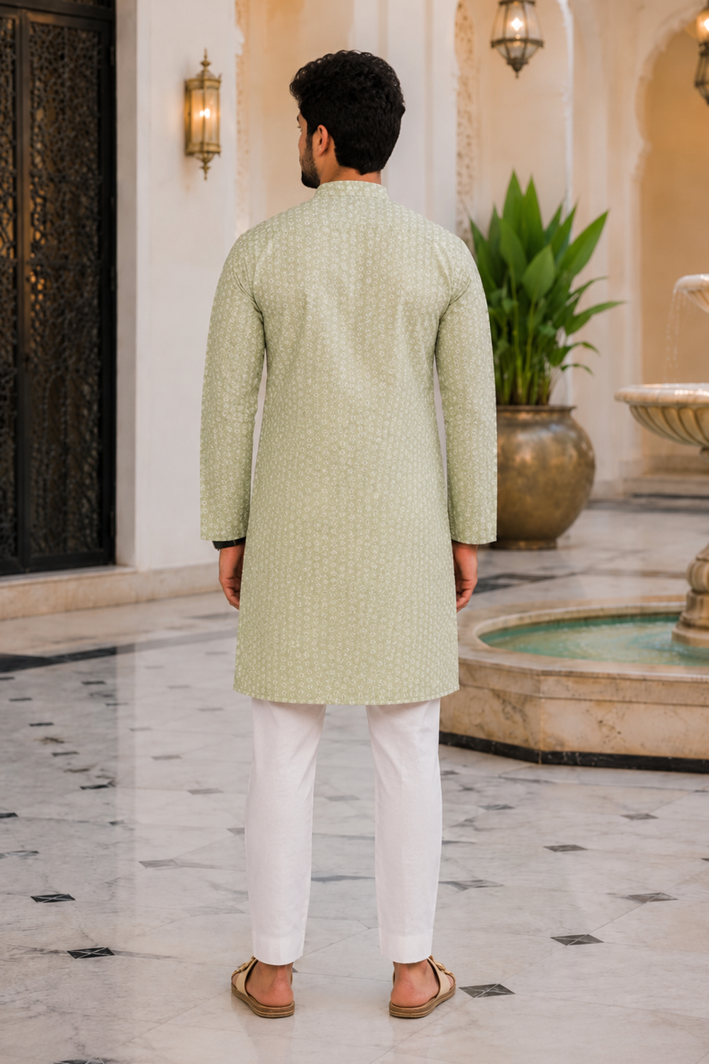 Men's Pista Art Silk Kurta Set