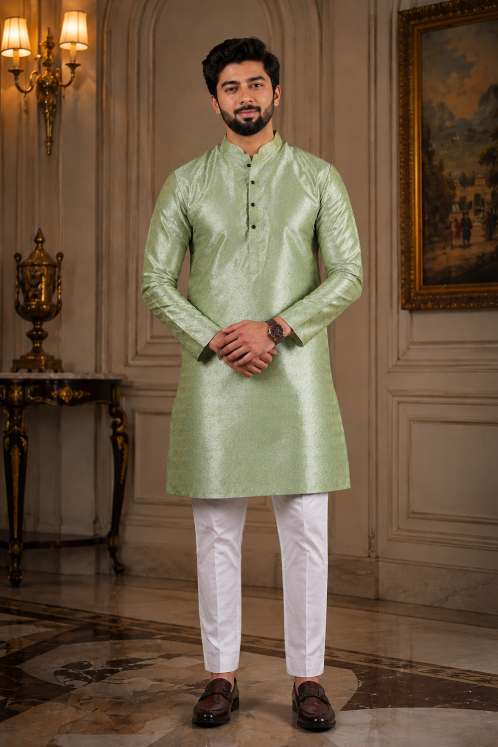 Men's Pista Art Silk Kurta Set