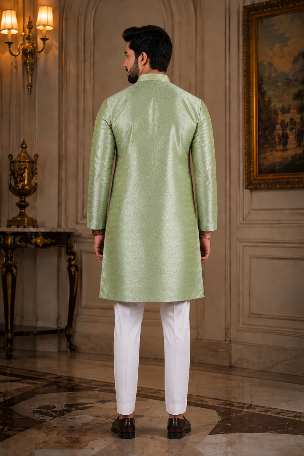 Men's Pista Art Silk Kurta Set