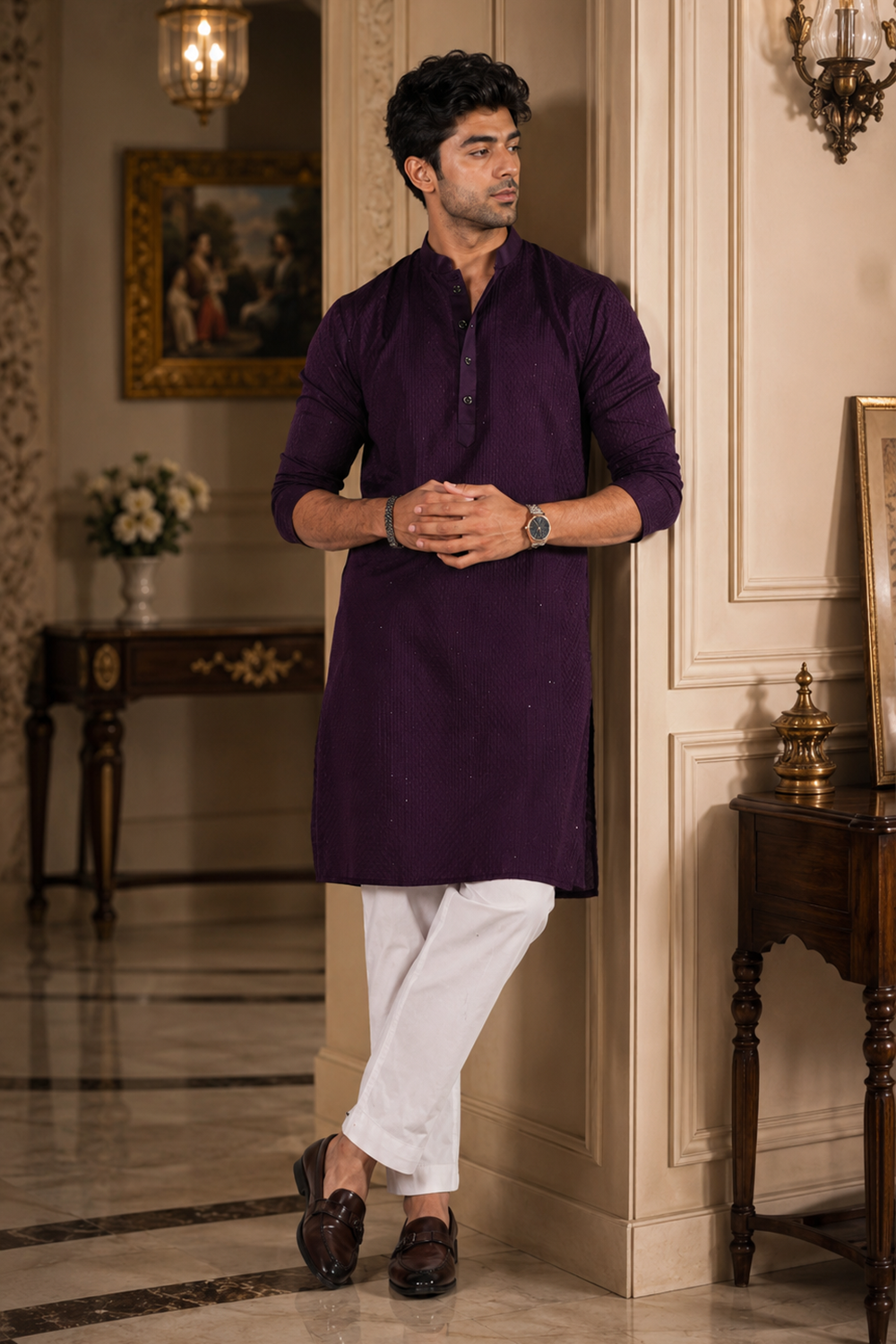 Men's Purple Cotton Kurta Set