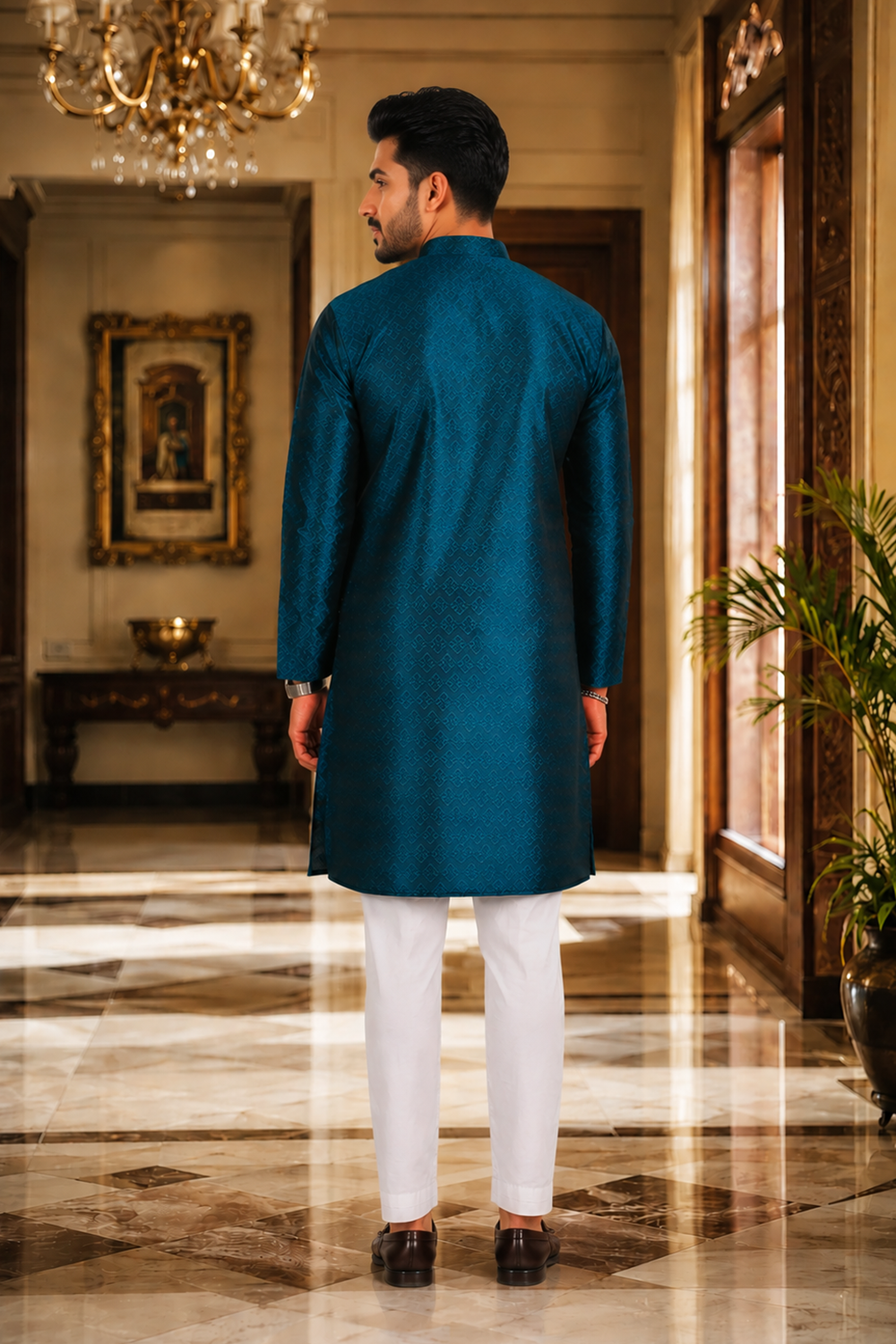 Men's Teal Art Silk Kurta Set