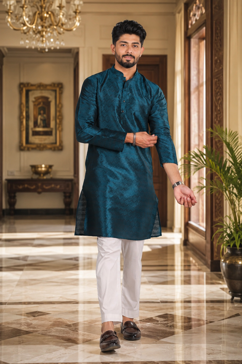 Men's Teal Art Silk Kurta Set