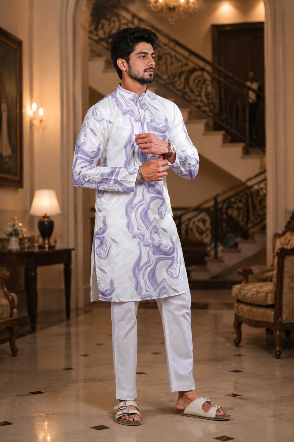Men's Voilet Art Silk Kurta Set