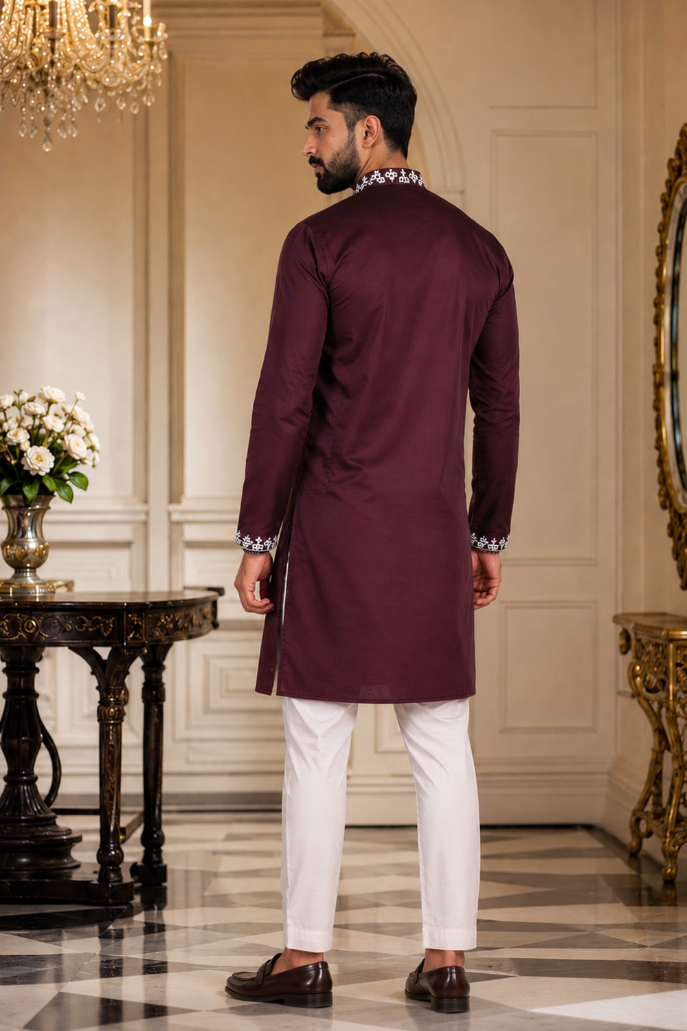 Men's Wine Cotton Kurta Set