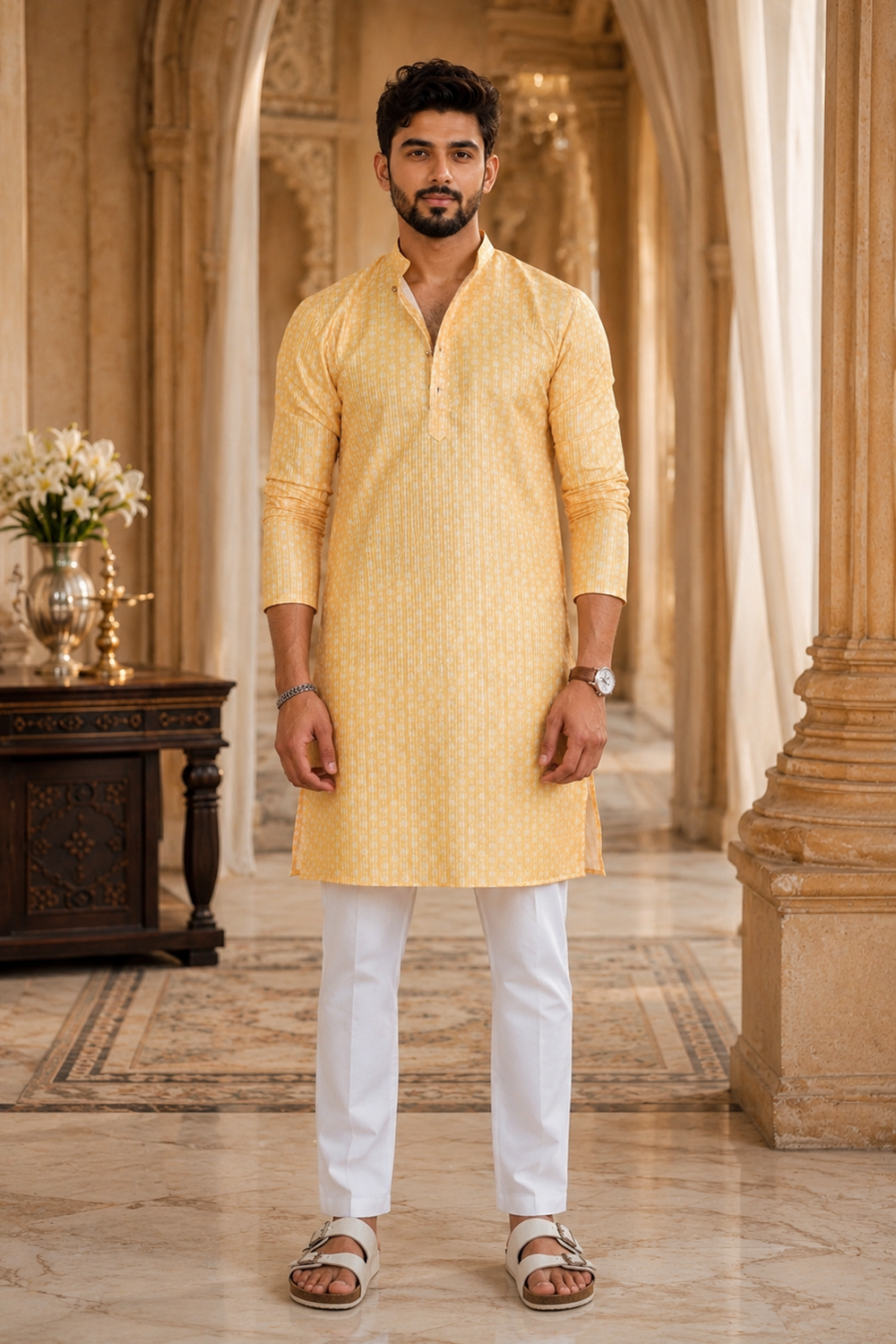 Men's Yellow Art Silk Kurta Set