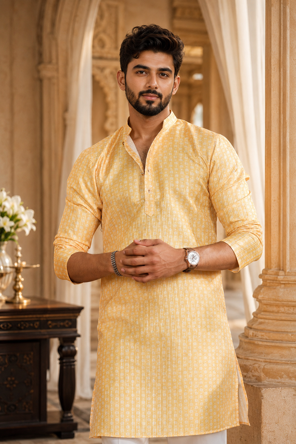 Men's Yellow Art Silk Kurta Set