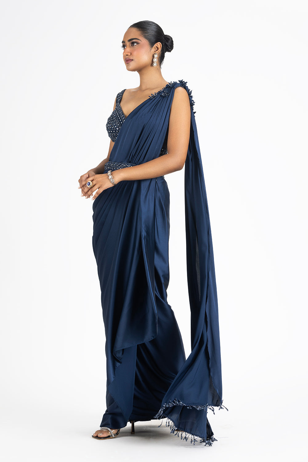 Mid Night Blue Satin Draped Saree