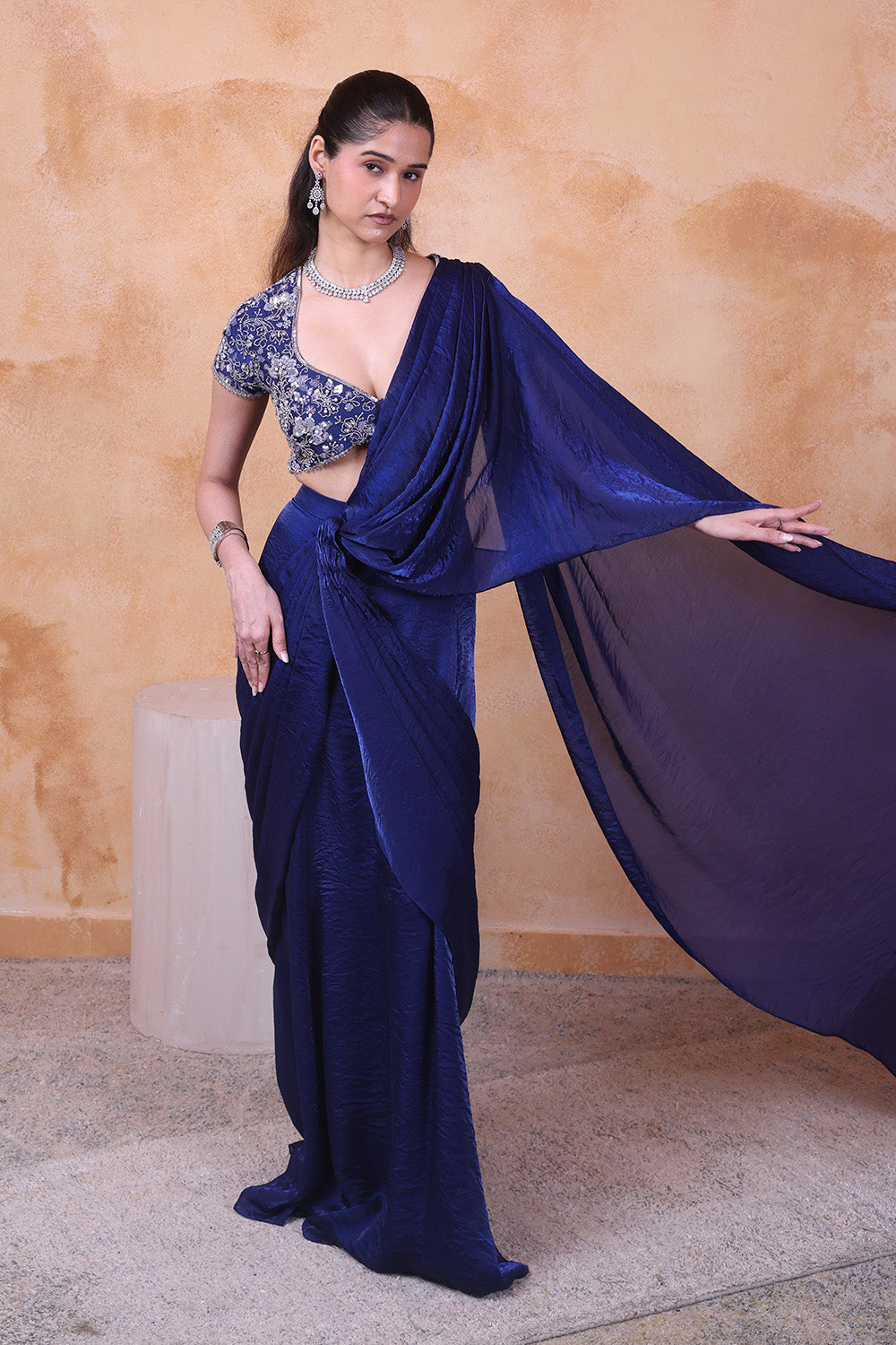 Midnight Blue Draped Saree and Embellished Blouse