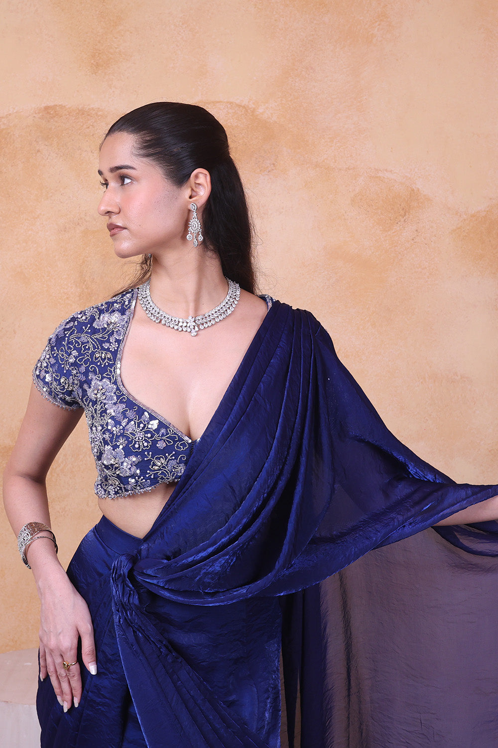 Midnight Blue Draped Saree and Embellished Blouse