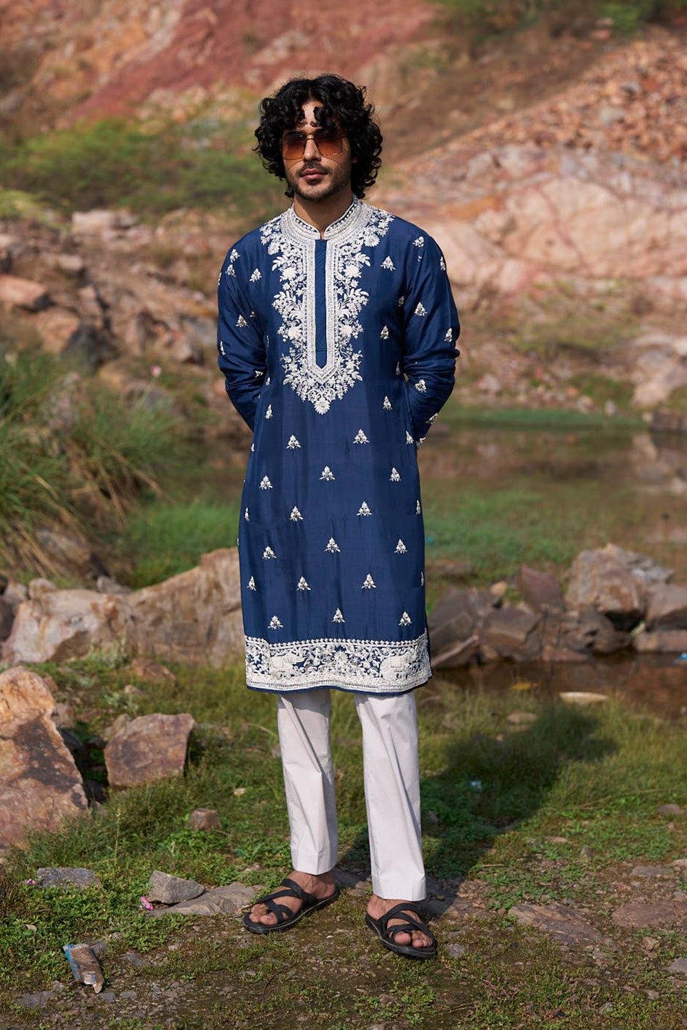Midnight Blue Elephant Creeper Butties Kurta Set