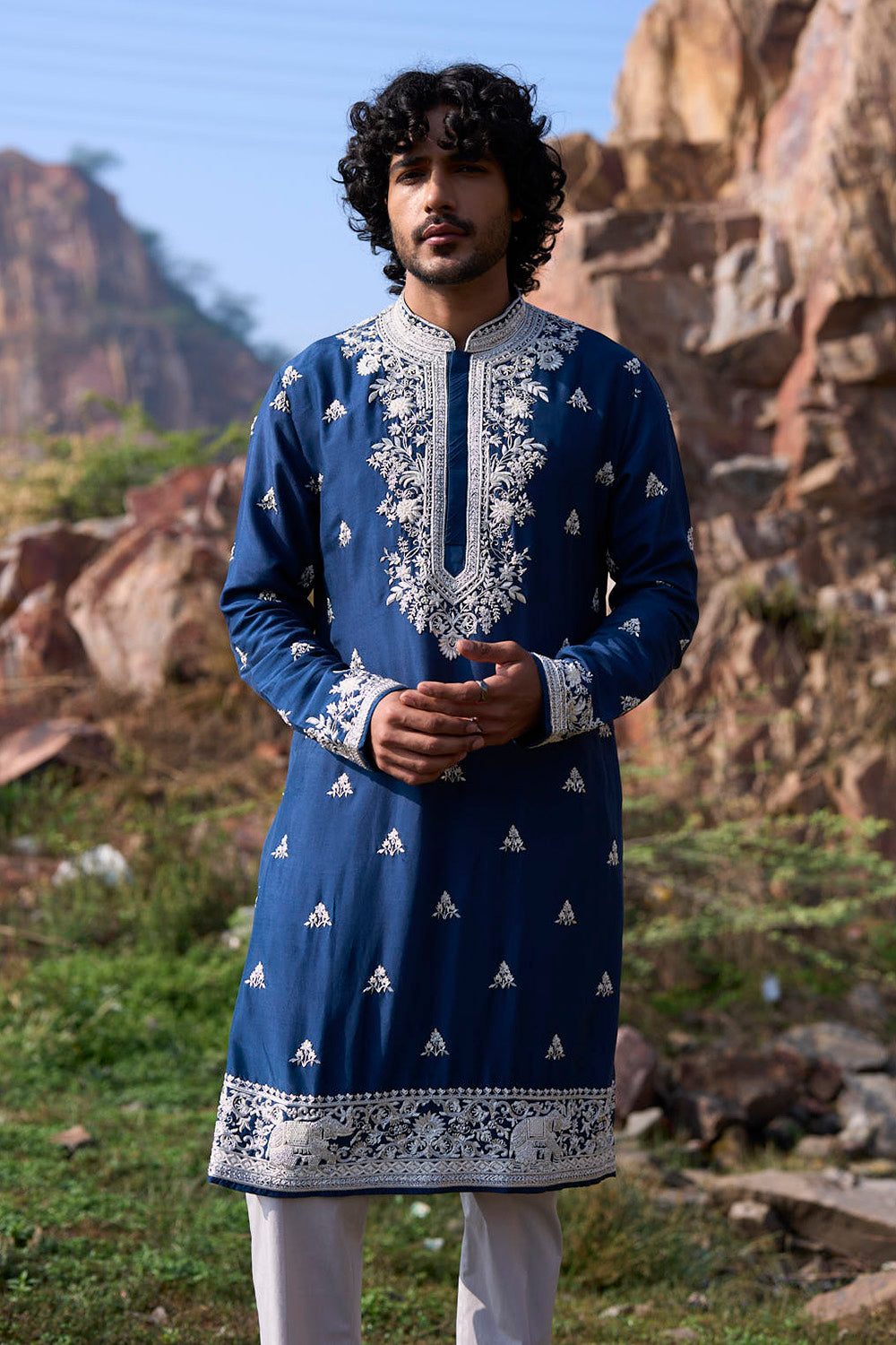 Midnight Blue Elephant Creeper Butties Kurta Set