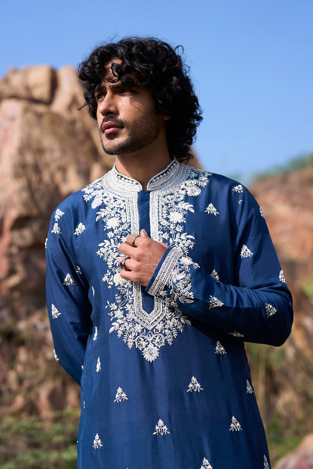 Midnight Blue Elephant Creeper Butties Kurta Set