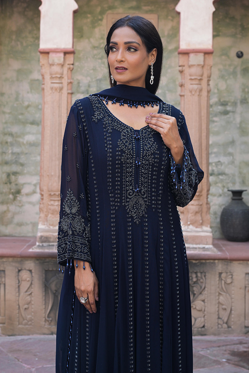 Midnight Blue Georgette Beads Work Anarkali Suit Set