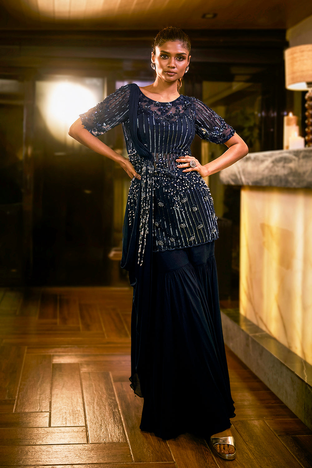 Midnight Blue sharara set with pearl and bead embellishments