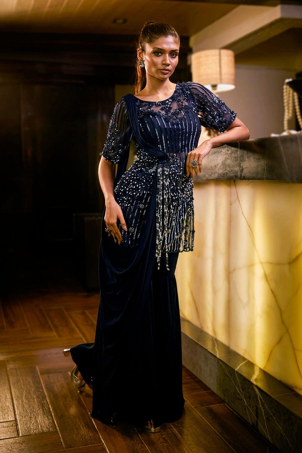 Midnight Blue sharara set with pearl and bead embellishments