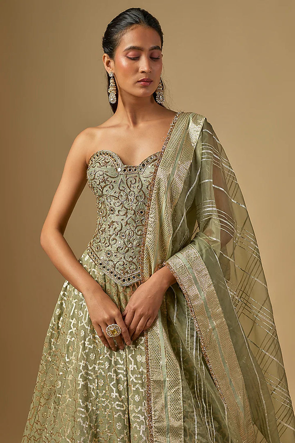 Mint Green Banarasi Chanderi Corset Lehenga Set