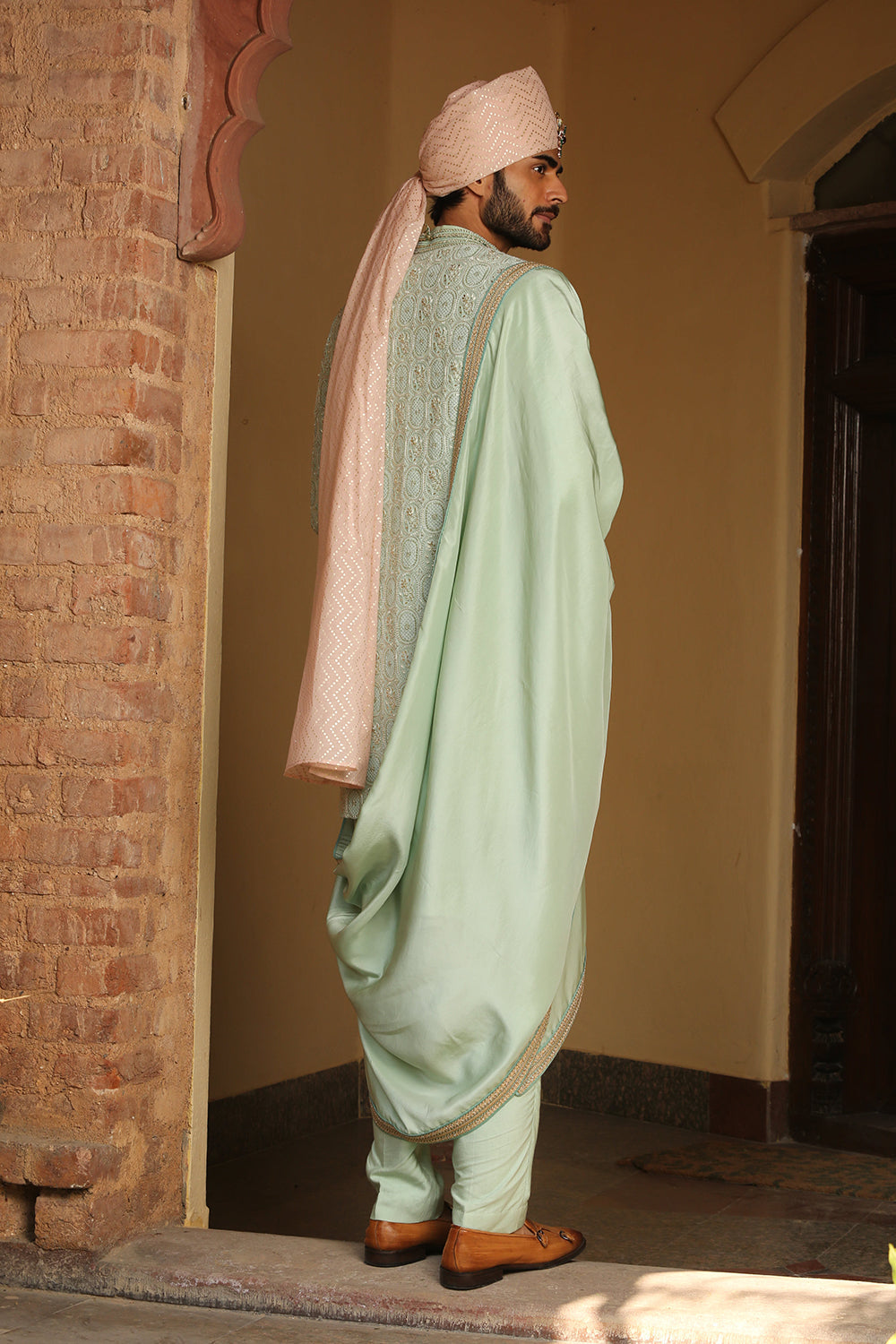 Mint Green Monga Embroidery Achkan With Kurta And Pants