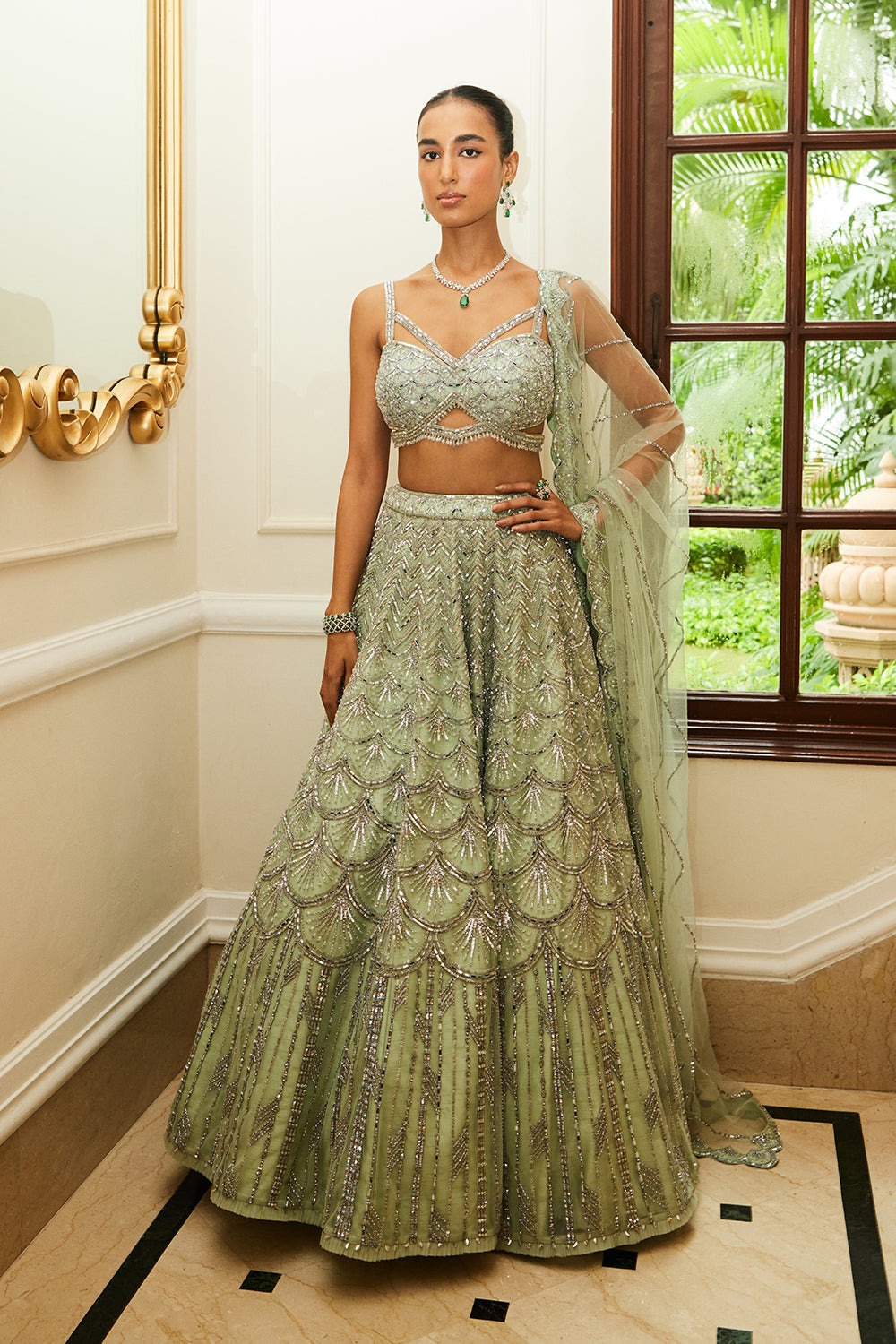 Mint Green Net Lehenga Choli and Dupatta