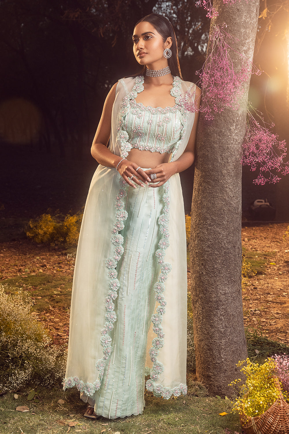 Mint Green Trouser With Pleated Crop Top And Jacket Set