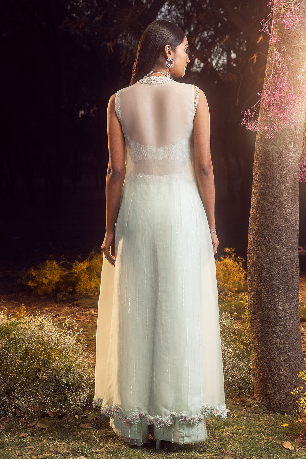 Mint Green Trouser With Pleated Crop Top And Jacket Set