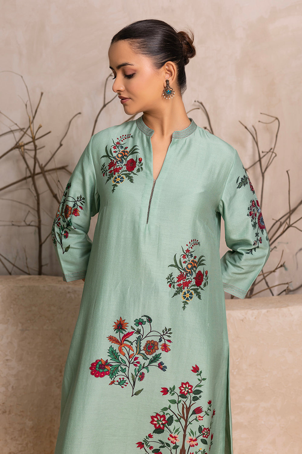 Mint Silk Chanderi Floral Boota Printed Tunic