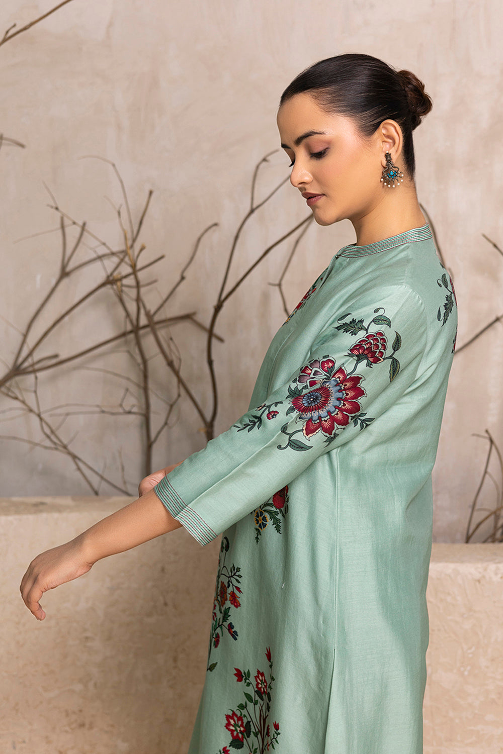 Mint Silk Chanderi Floral Boota Printed Tunic