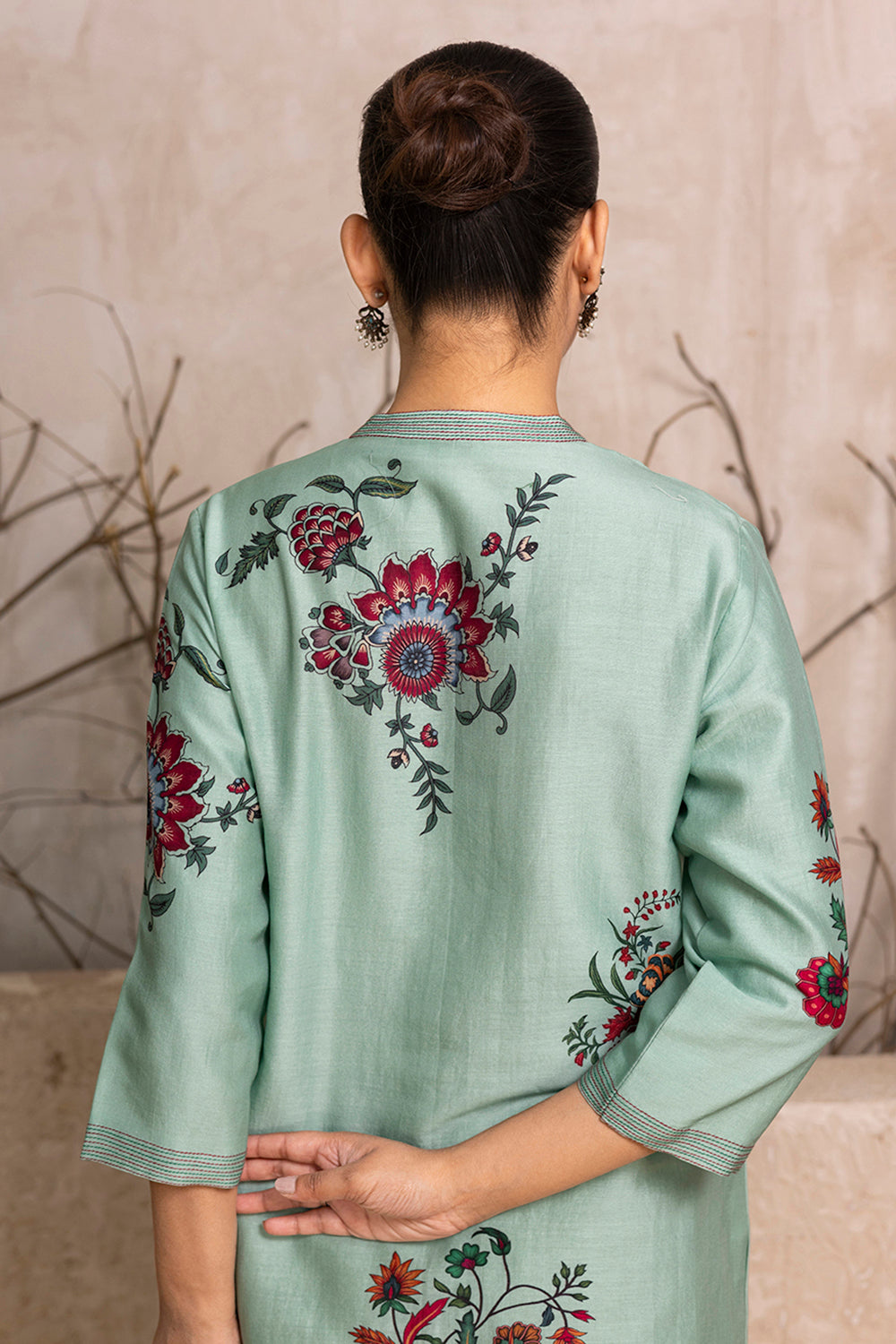 Mint Silk Chanderi Floral Boota Printed Tunic