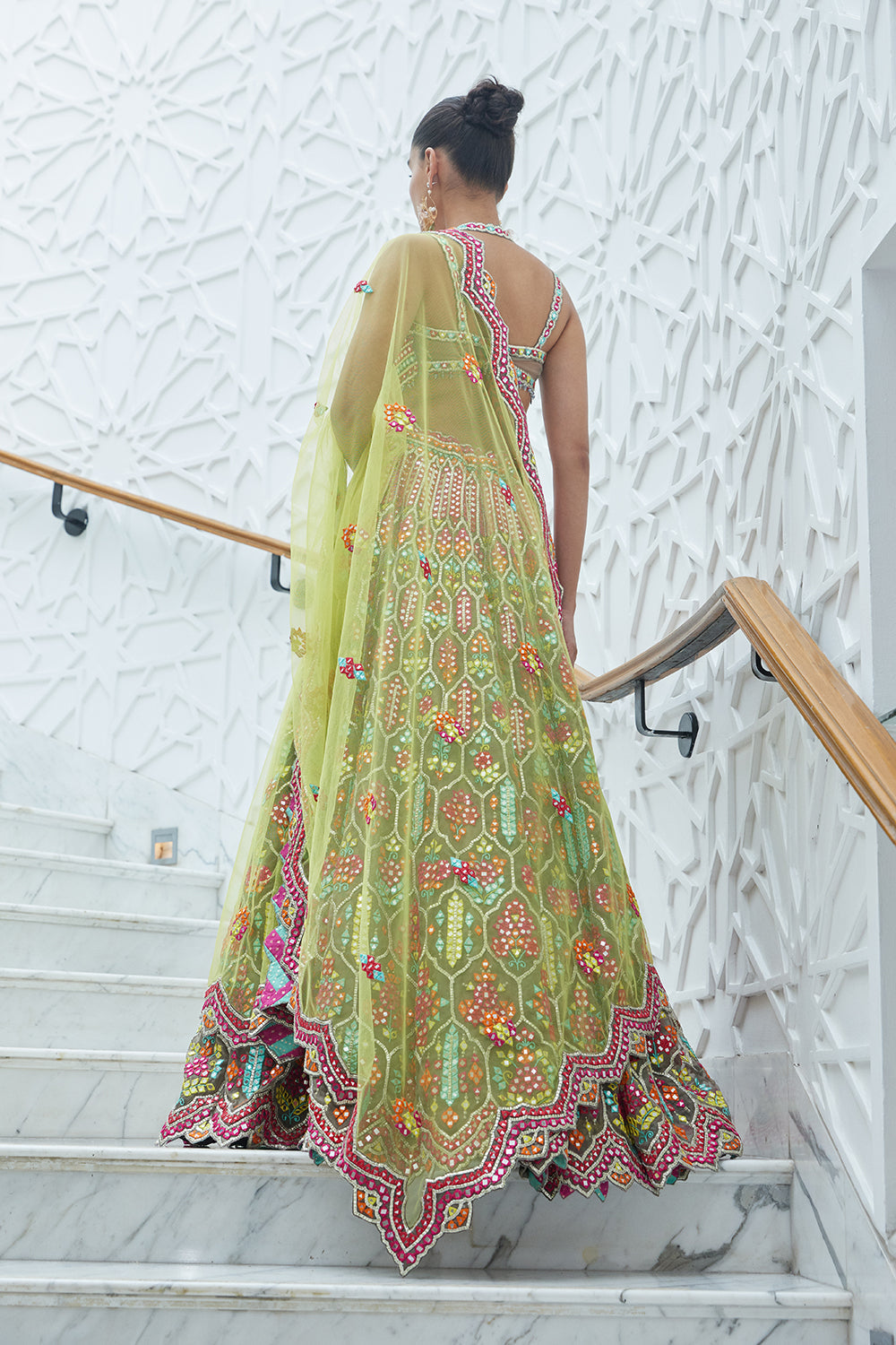 Mocca Organza Lehenga Choli With A Yellow Net Dupatta