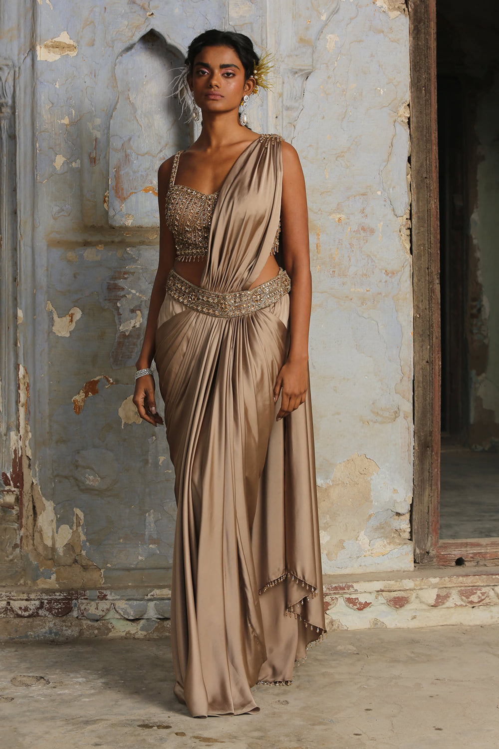 Mocha Satin Drape Saree