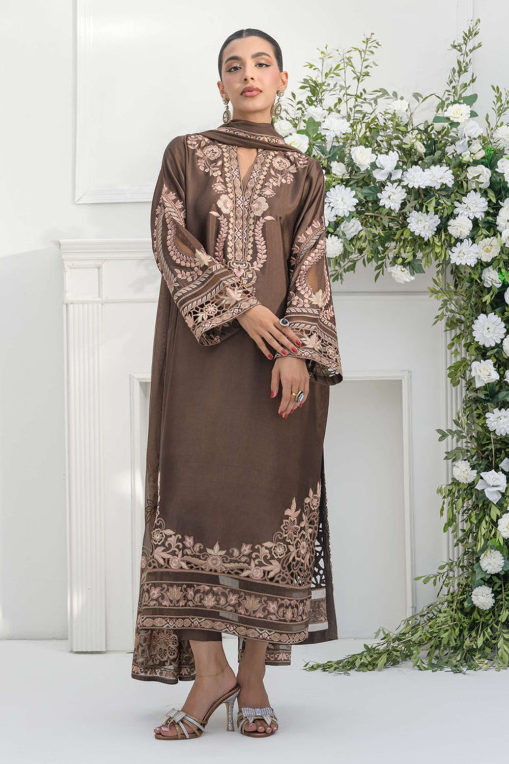 Mocha Brown Silk Embroidered Straight Suit Set
