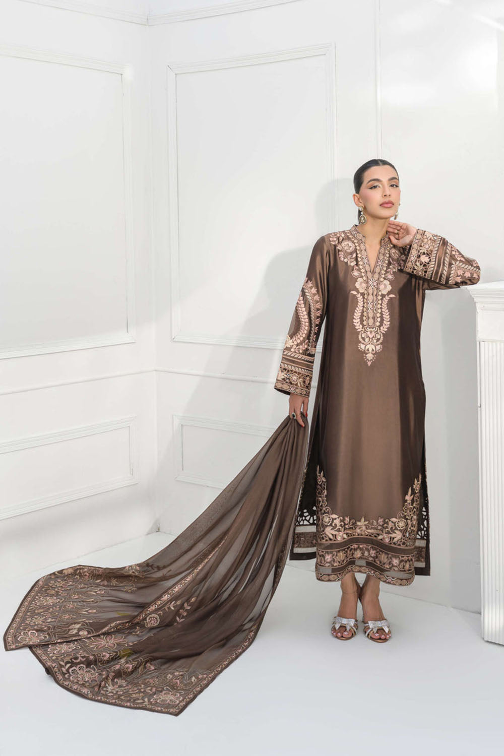 Mocha Brown Silk Embroidered Straight Suit Set