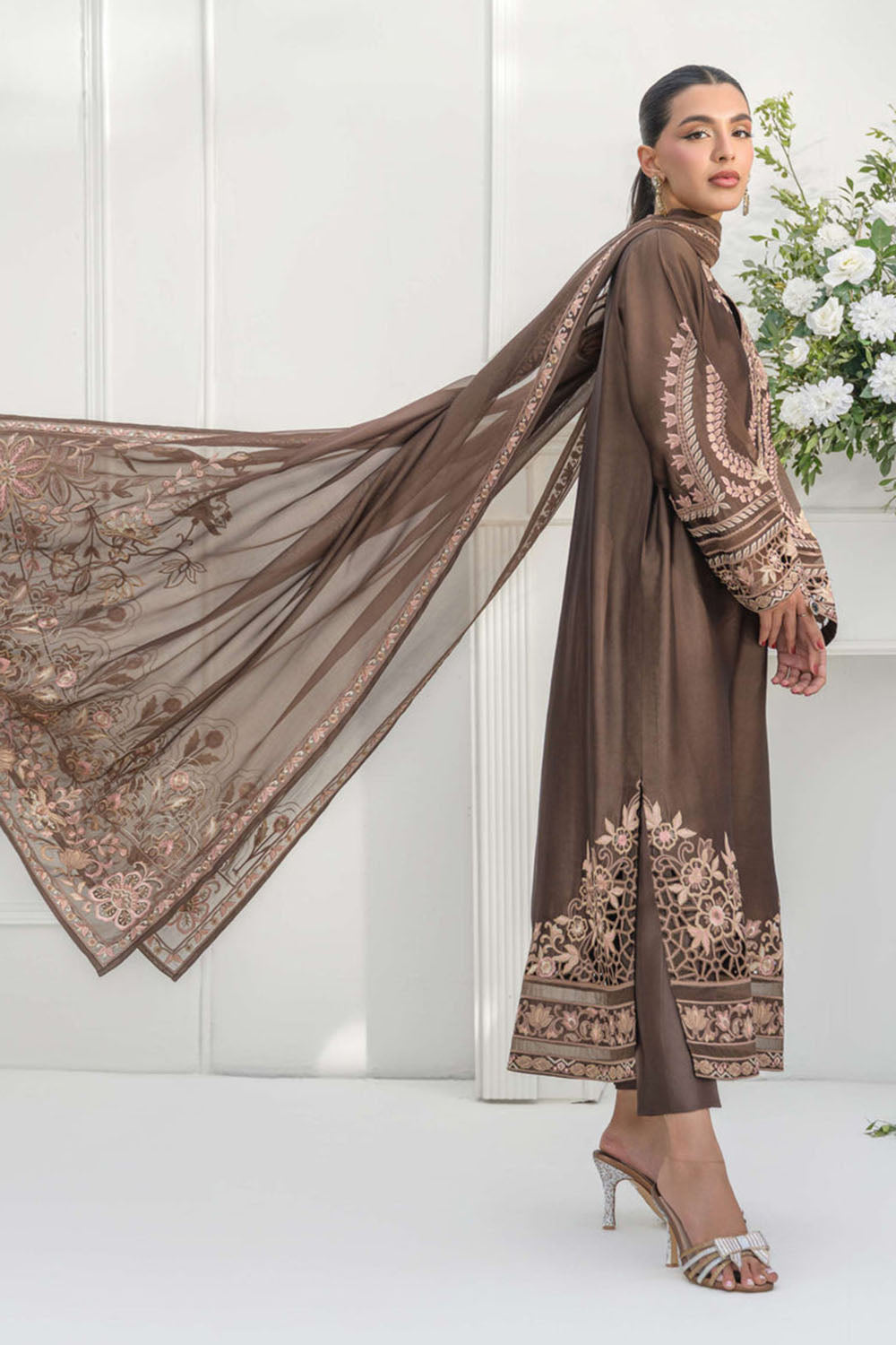 Mocha Brown Silk Embroidered Straight Suit Set