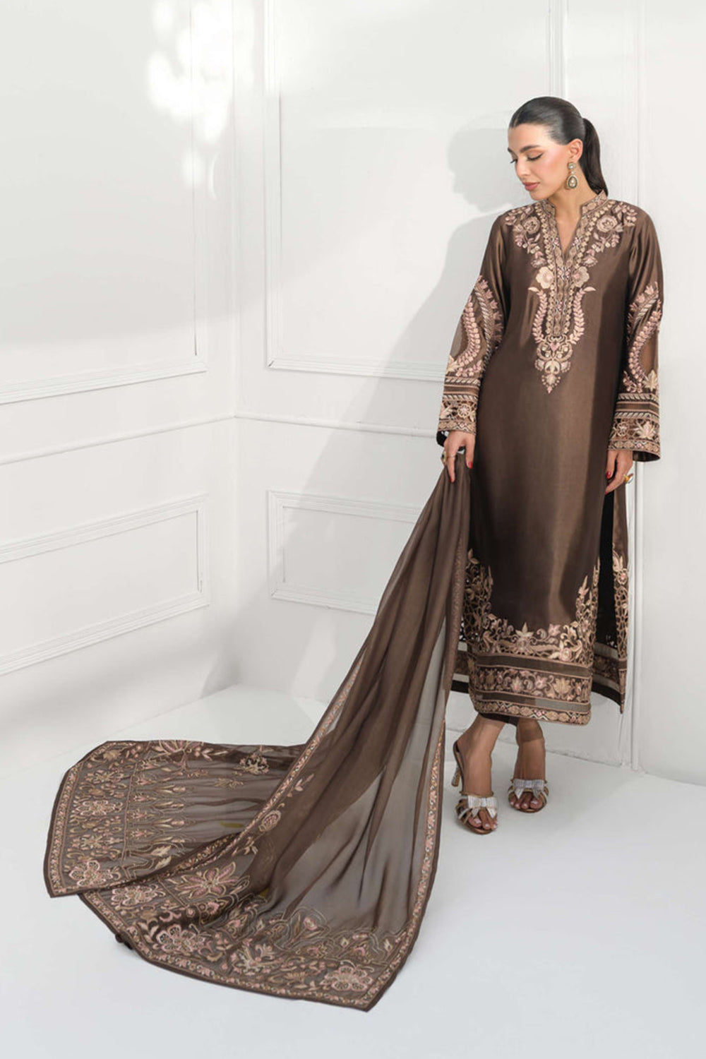 Mocha Brown Silk Embroidered Straight Suit Set