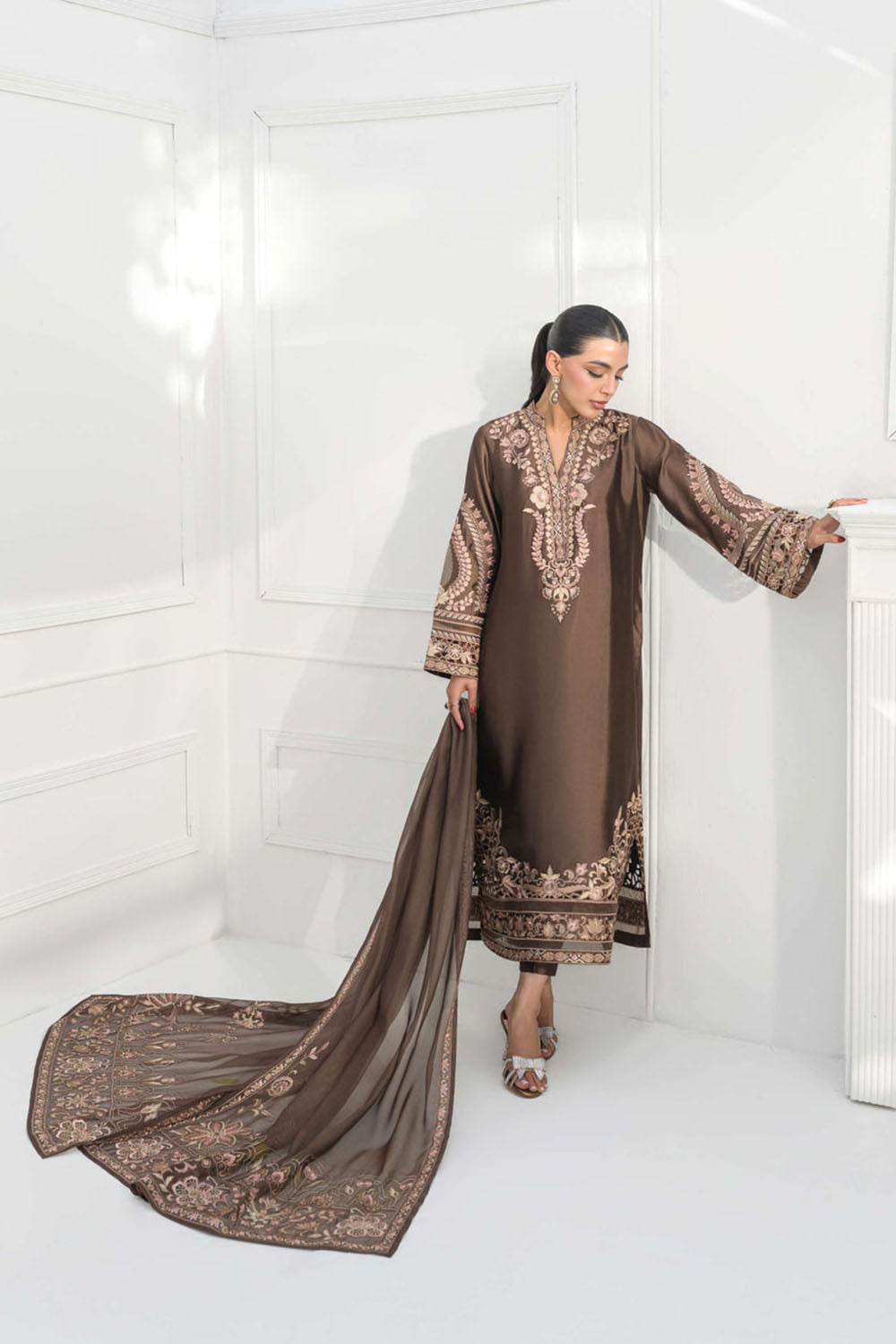 Mocha Brown Silk Embroidered Straight Suit Set