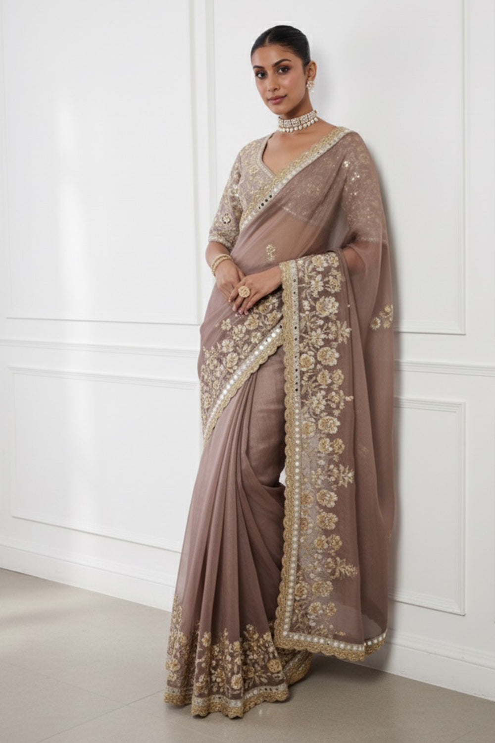 Mocha Hand Embroidered Saree Set