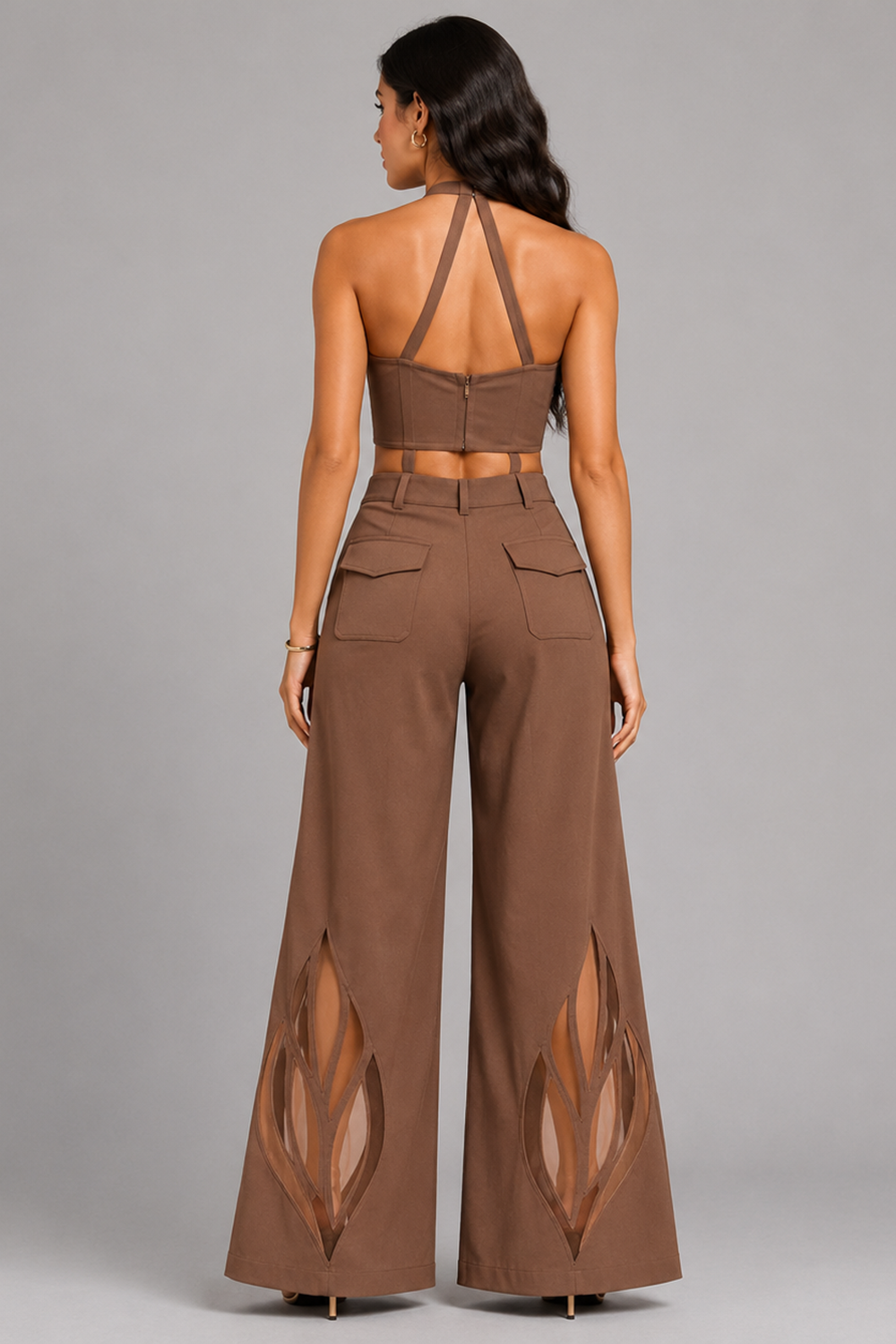 Mocha Mousse Strap Detail Halter Corset & Wide-Leg Pants Co-Ord Set