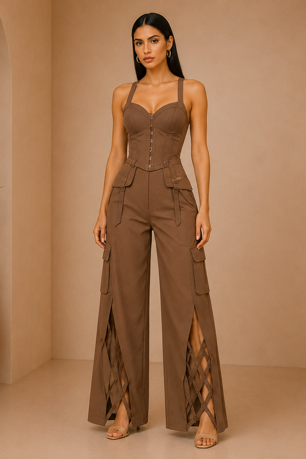 Mocha Mousse Utility Corset & Wide-Leg Pants Set