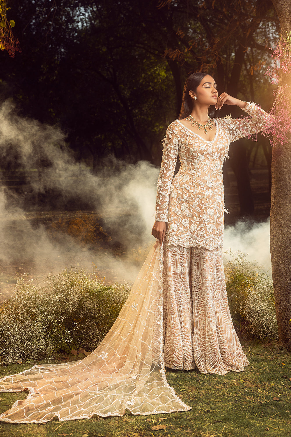 Mocha Net Kurta Sharara Set And Dupatta