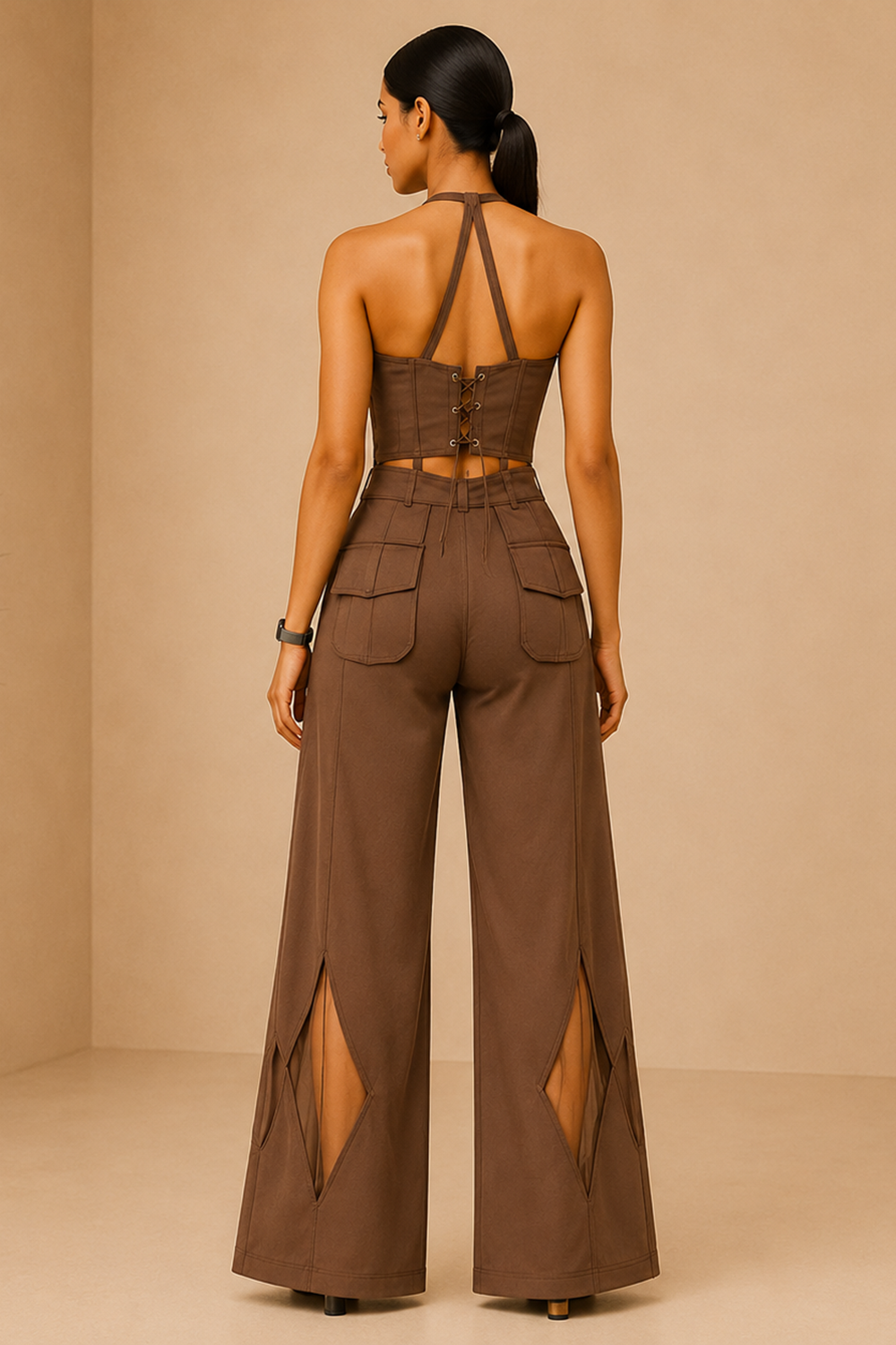 Modern Mocha Brown Corset Outfit with Statement Flare Trousers