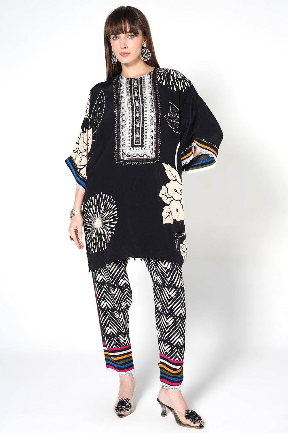 Mosaic Black Floral Printed Designer Kurta Contemporary crepe Co-ord Set