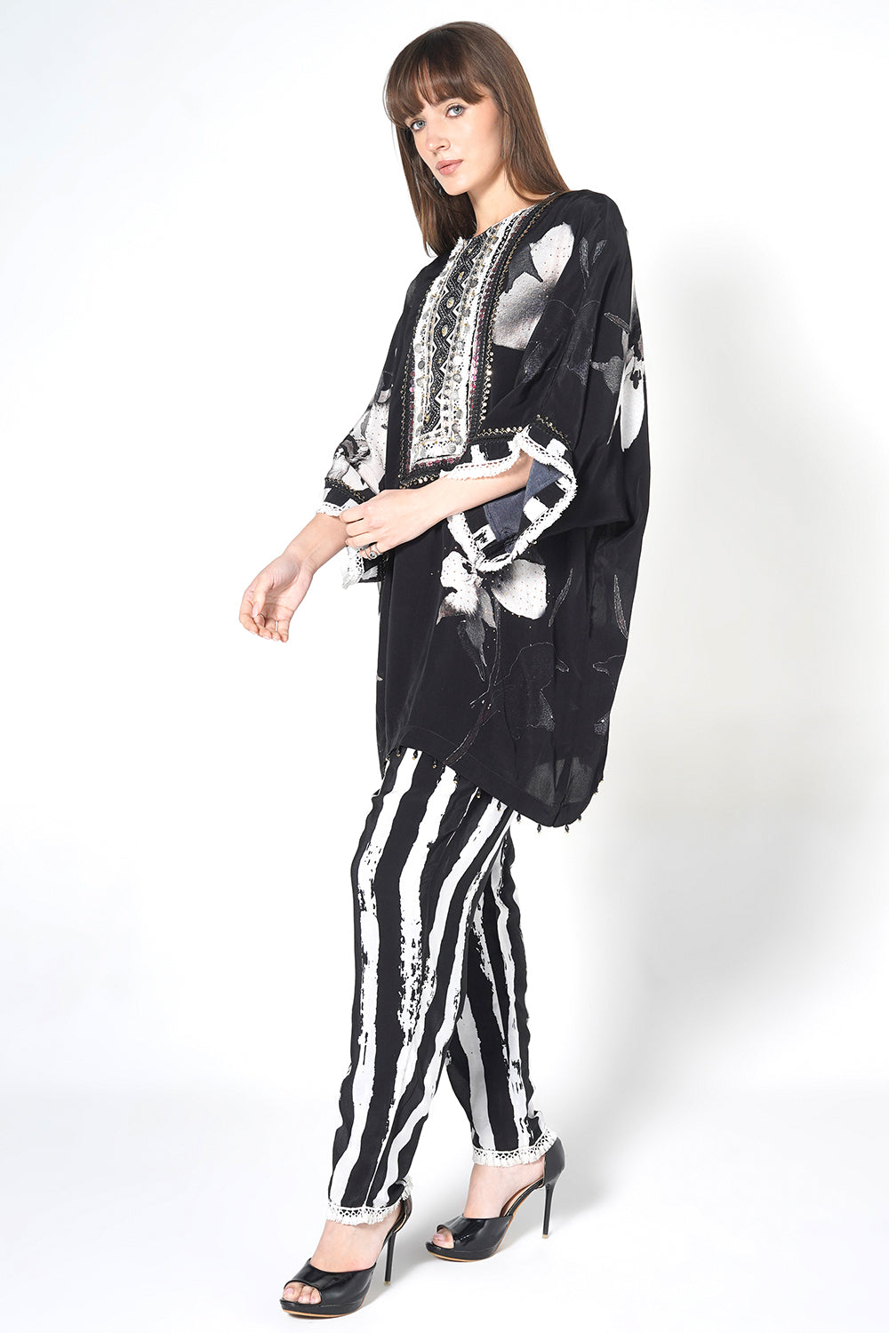 Mosaic Black White Floral Designer Kurta Statement crepe Co-ord Set
