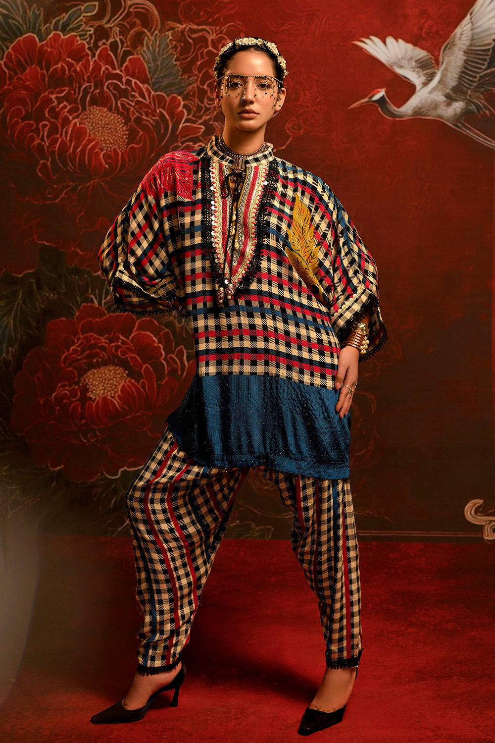 Mosaic Multicolor Checked Designer crepe Co-ord Statement Sleeve Set