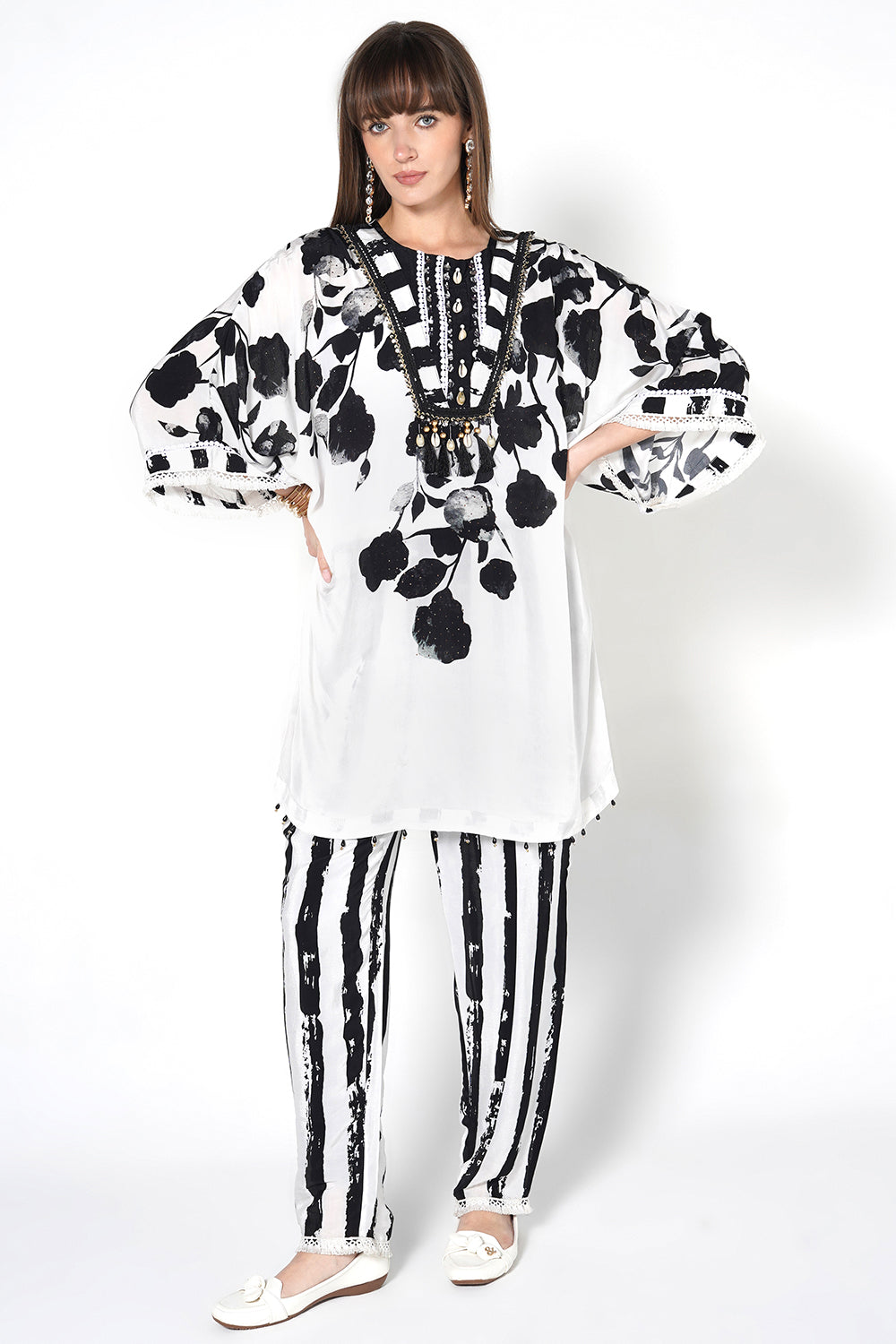 Mosaic White Black Printed Designer Kurta Contemporary crepe Co-ord Set