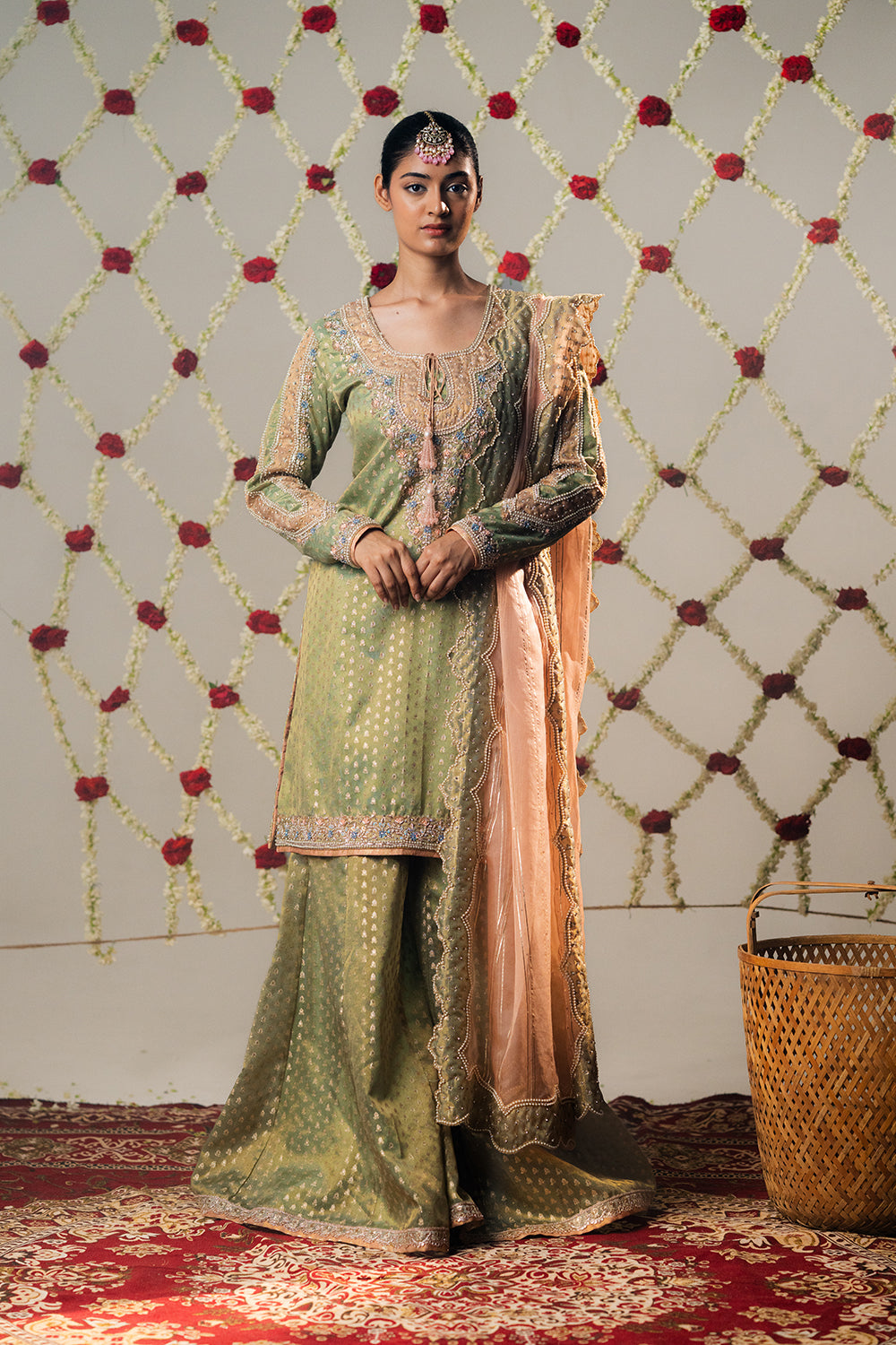 Moss Green Booti Tissue Palazzo Set